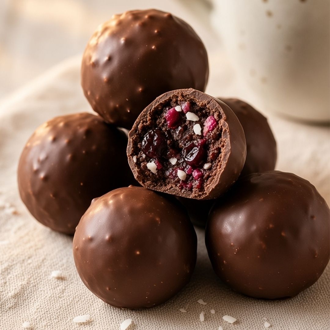 Healthy cherry ripe balls coated in dark chocolate and sprinkled with coconut, on a linen surface, a no-bake refined sugar free recipe by Nella Vosk