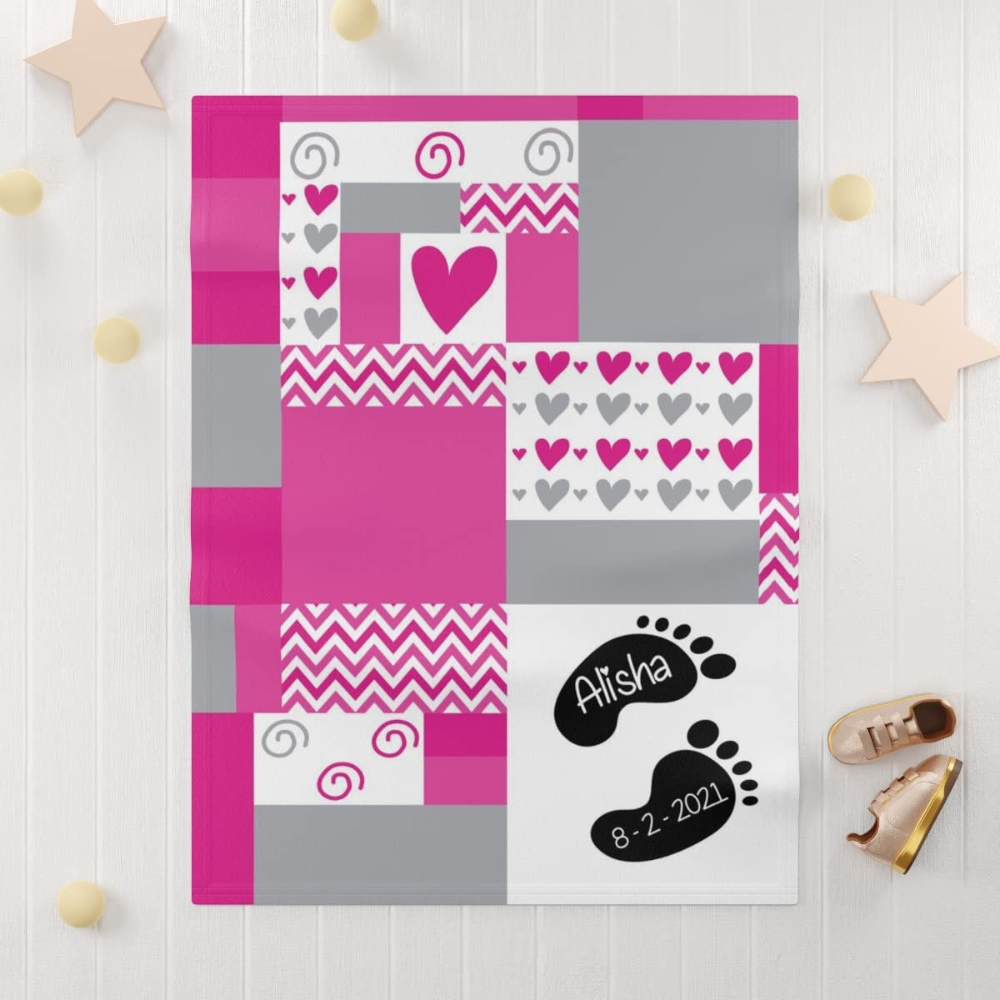 Personalized Baby Blanket – Custom Newborn Gift with Name (Pink Heart Design)