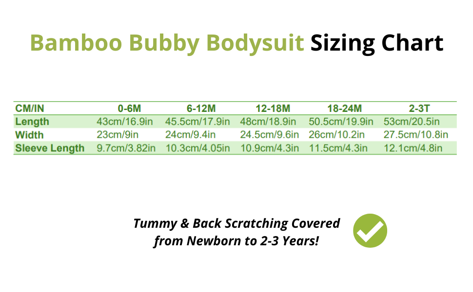 Bamboo Bubby Baby Bodysuit Short Sleeve Sizing Chart
