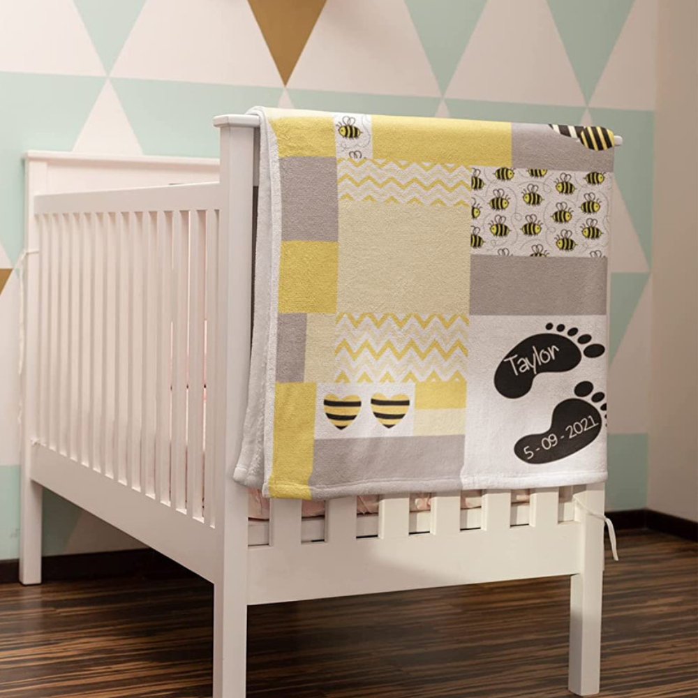 Personalized Baby Blanket – Custom Newborn Gift with Name (Bumble Bee Design)