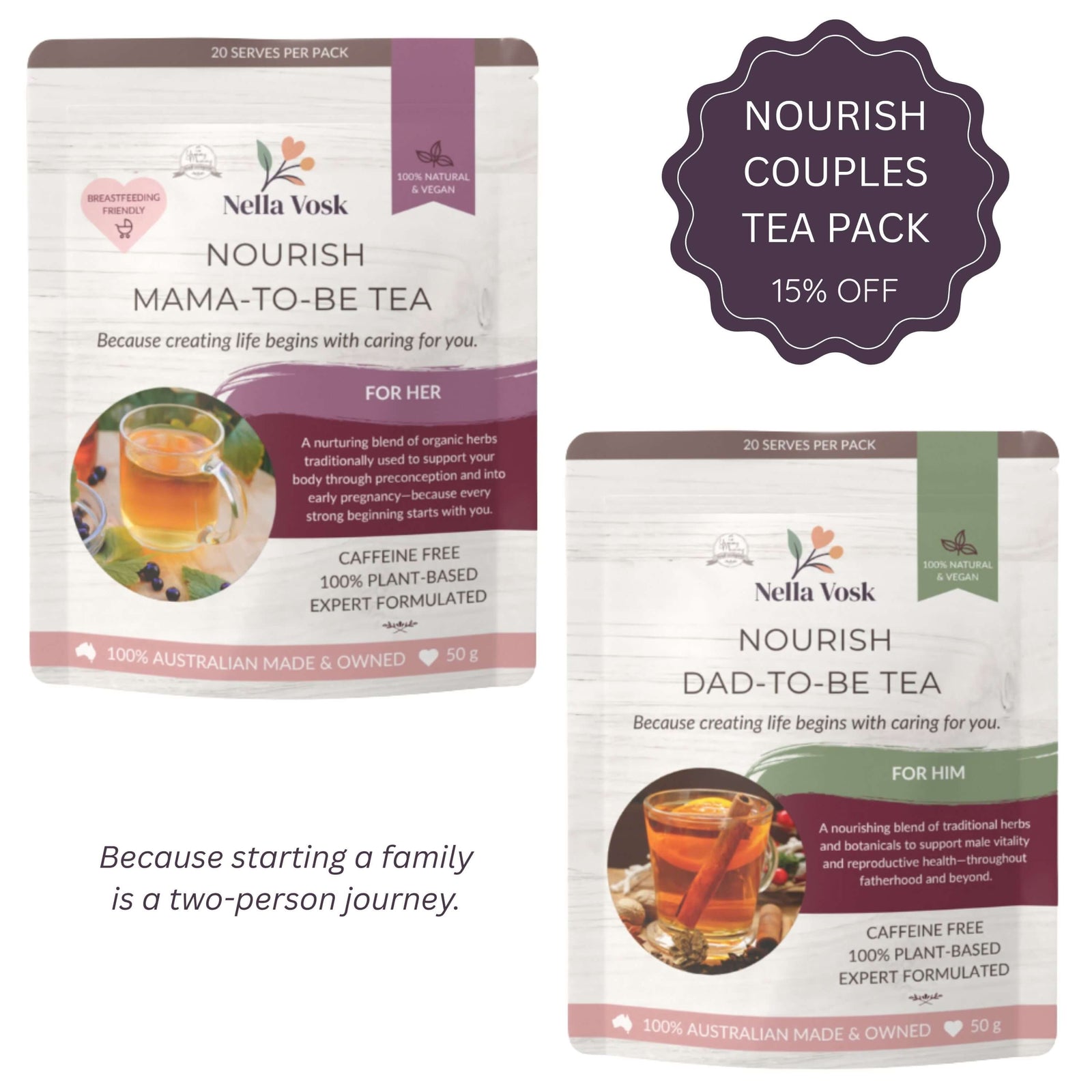 Nella Vosk Nourish Couples Tea Pack | Mama-To-Be & Dad-To-Be Herbal Wellness Tea Bundle