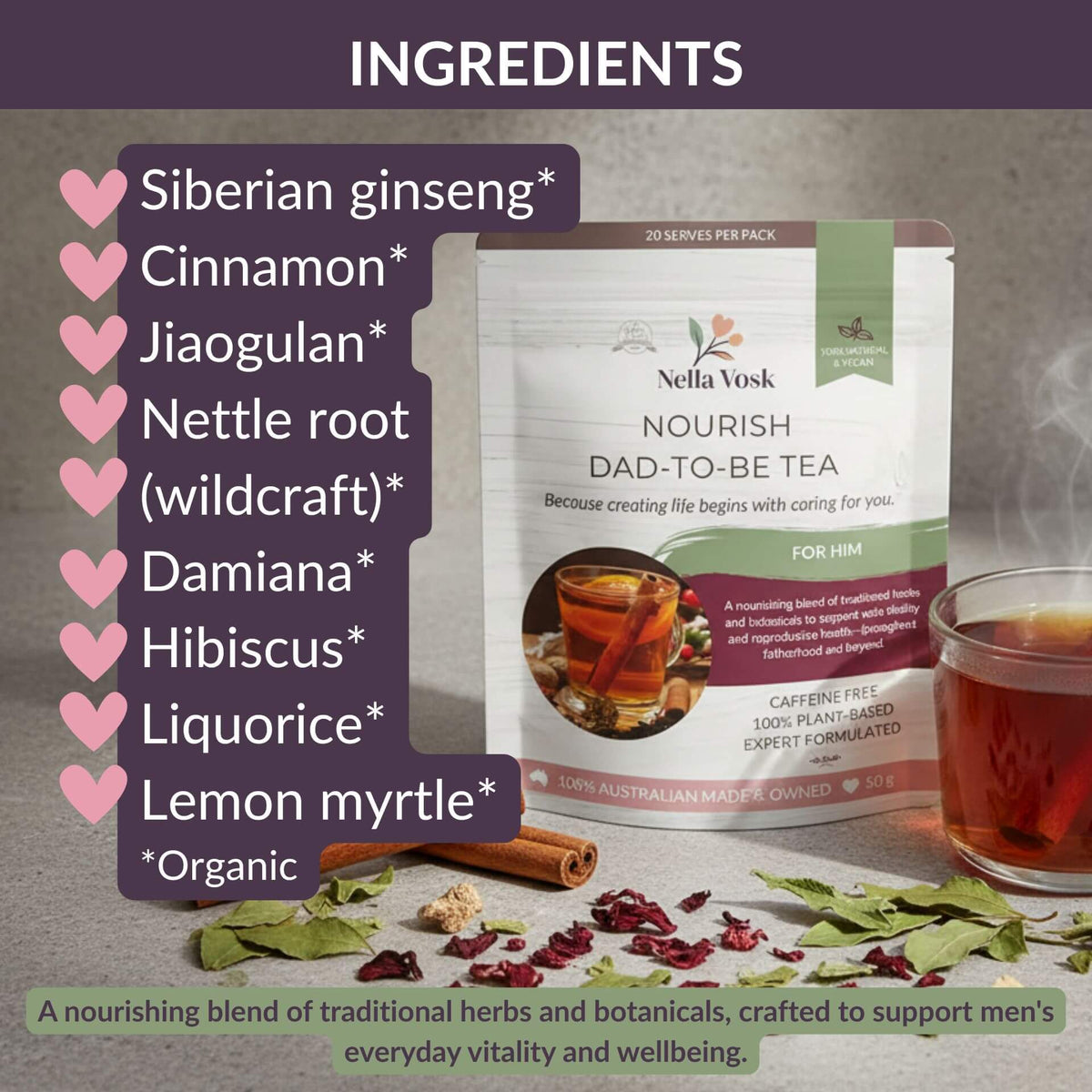 Nella Vosk Nourish Dad-To-Be Tea | Organic Pre-Pregnancy Herbal Blend | For Him