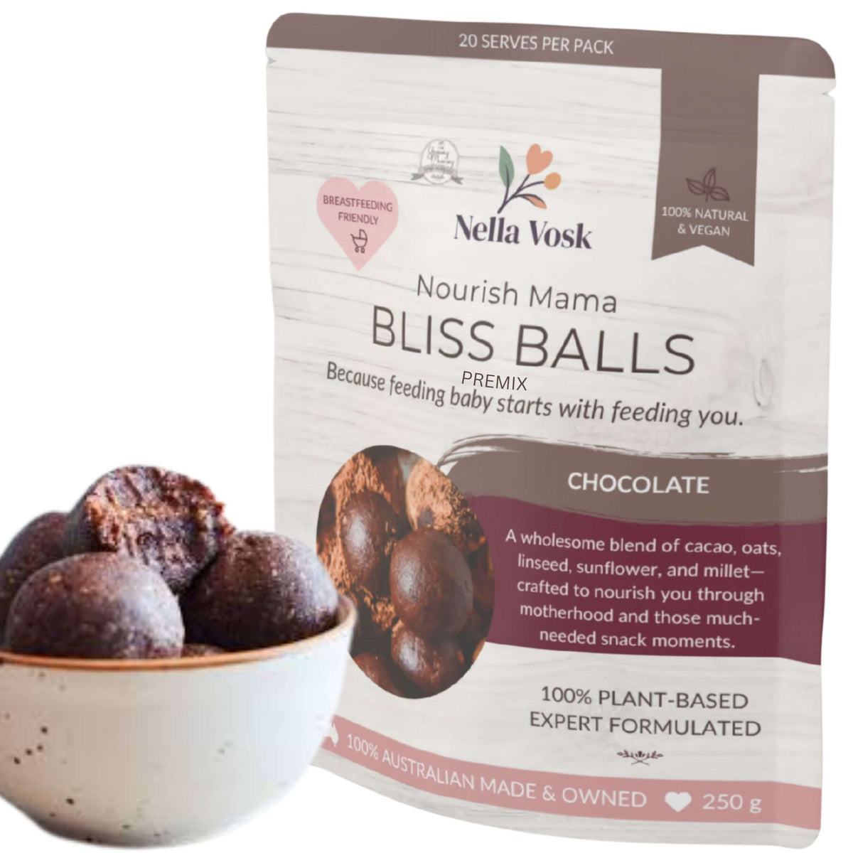 Lactation Bliss Balls Premix | No-Bake Breastfeeding Snack with Raw Choc,  Linseed, Oats & Millet | Nourish Mama