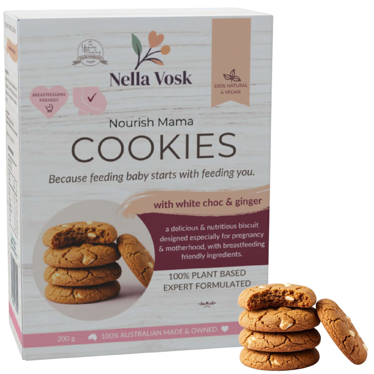 Nella Vosk Nourish Mama Lactation &amp; Pregnancy Cookies White Choc &amp; Ginger | Breastfeeding Support Snack &amp; Morning Sickness Relief