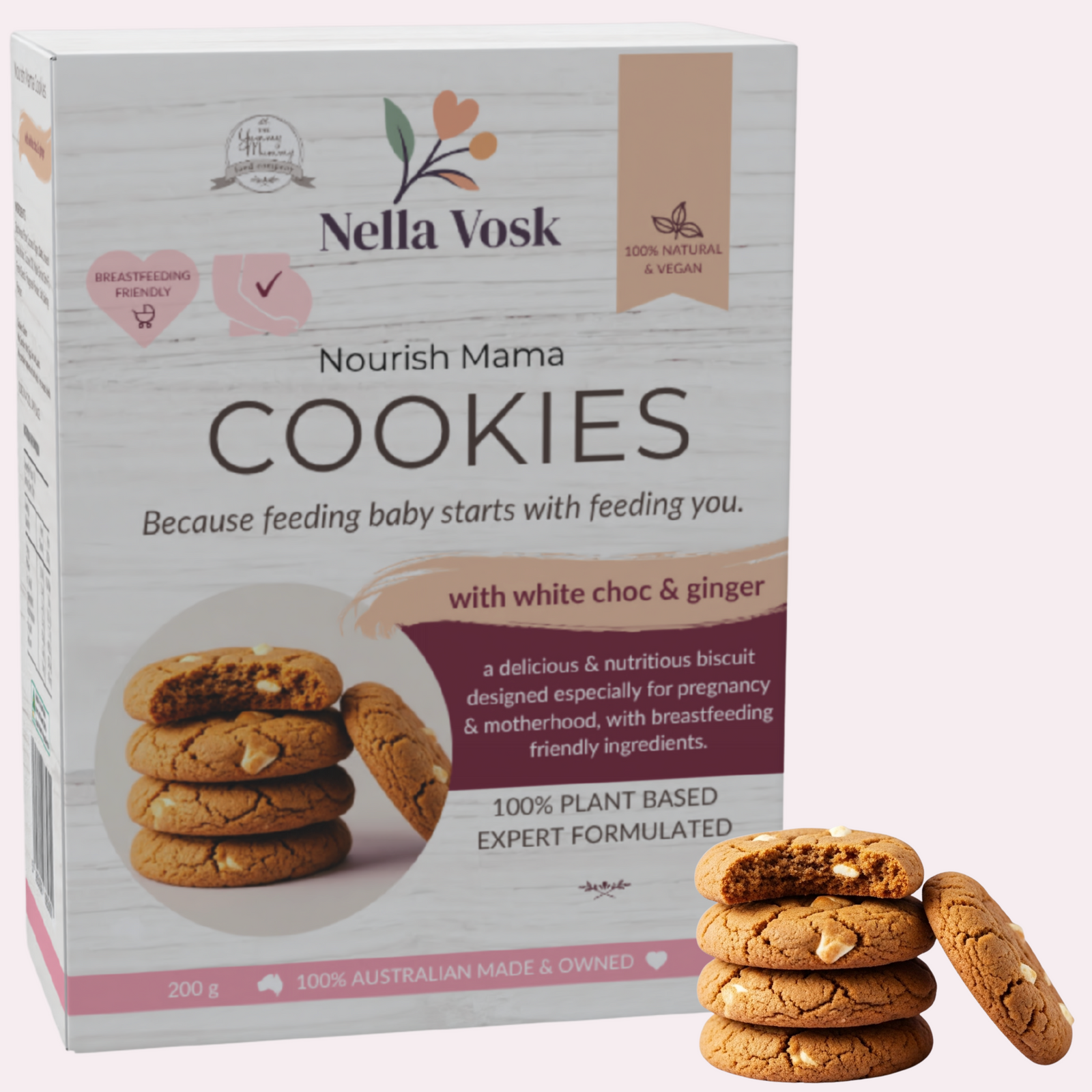 Nella Vosk Nourish Mama Lactation & Pregnancy Cookies White Choc & Ginger | Breastfeeding Support Snack & Morning Sickness Relief