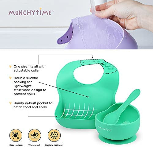 MunchyTime Silicone Bibs, Bowl with Suction & Spoons for Weaning
