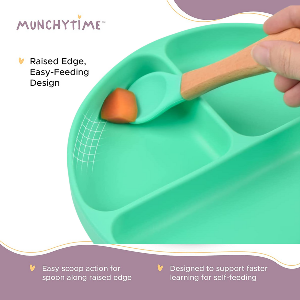 MunchyTime Baby Silicone Feeding - Round Silicone Divider Plate | Silicone Bibs, Silicone Suction Plates & Forks & Spoons for Baby Weaning or Toddlers